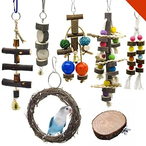 Produktbild: 7 Pack Vogelspielzeug, RoseFlower Vogelkäfig-Schaukel für Vögel und Papageien, Naturholz Hängende Glocke Vogelkäfig Schaukelspielzeug Geeignet für Nymphensittich, Finken, kleine mittelgroße Papageien