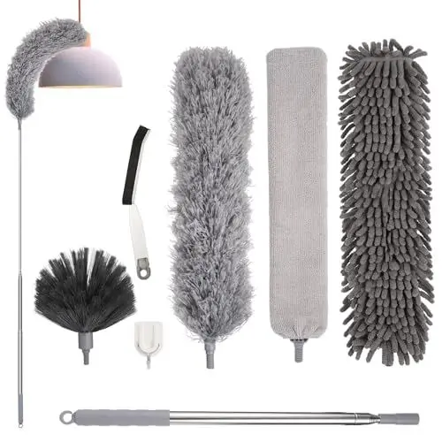 Produktbild: 7 Stück Staubwedel Teleskop, Staubwedel Lang Ausziehbar Bis 213cm Spinnenwebenentferner Waschbar Mikrofaser Staubwischer mit Haken für Decke Lücken Spinnweben