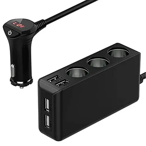 Produktbild: Zigarettenanzünder Verteiler Auto Adapter 12V: 120W KFZ Ladegerät 3 Steckdose 24V Mehrfach Splitter DC mit LED Voltmeter Schalter 4 USB Anschlüsse 6.8A für alle Handys GPS Autokamera und mehr