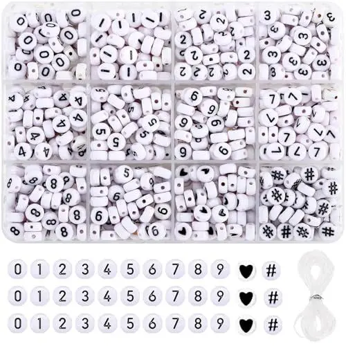 Produktbild: 700Pcs Acryl Zahl Perlen in 12 Grid Box Weiß Runde Buchstaben Perlen 0 Bis 9 Lose Perlen Oder Name Armbänder Halsketten Schlüsselketten DIY Schmuck Machen