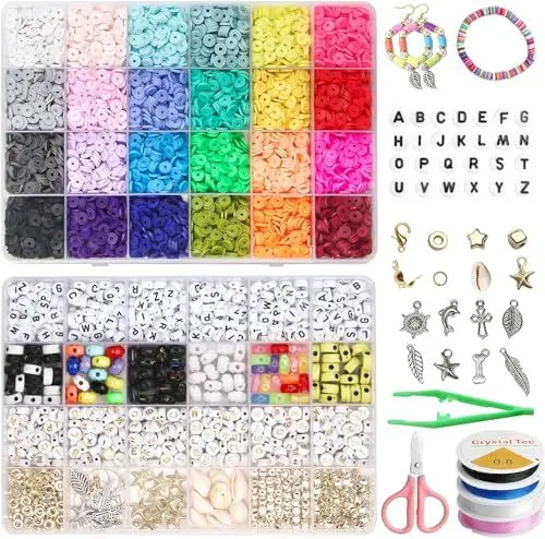 Produktbild: FEMBW 7048 Stück Heishi Perlen Set zum Auffädeln mit Buchstaben, Smiley Perlen und Anhänger Armbänder Selber Machen,24 Farben Flache Polymer Clay Perlen für Halsketten-Ohrring DIY Handwerk