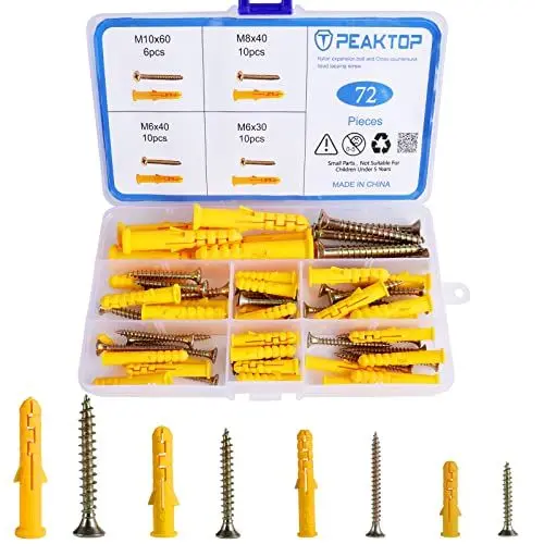 Produktbild: 72 Dübel Schrauben Set, M6 M8 M10 Universaldübel Set mit Schrauben, Spreizdübel und Schrauben Set, Selbstschneidende Holzschrauben Senkkopf Treibschrauben für Ziegel Beton Trockenbau