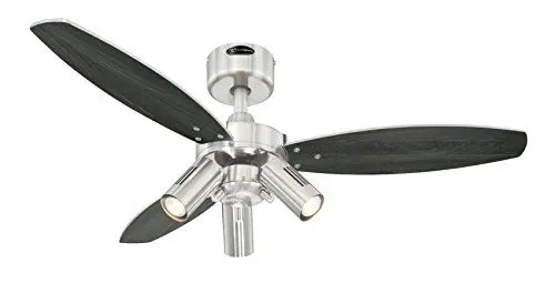 Produktbild: 72290 Jet Plus, moderner 105 cm Deckenventilator von Westinghouse Lighting mit Beleuchtung, Ausführung in gebürstetem Nickel, mit Strahlern, inkl. Fernbedienung