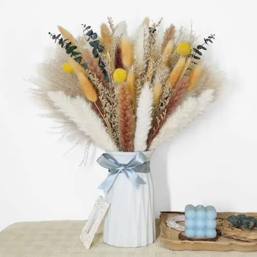 Produktbild: 75 Stück Pampasgras Getrocknet Natiirliche Trockenblumen Deko Herbst Dekoration für Herbst Hochzeitsdeko Boho-Blumen Tischdekoration Hause Rustikale Bauernhausparty