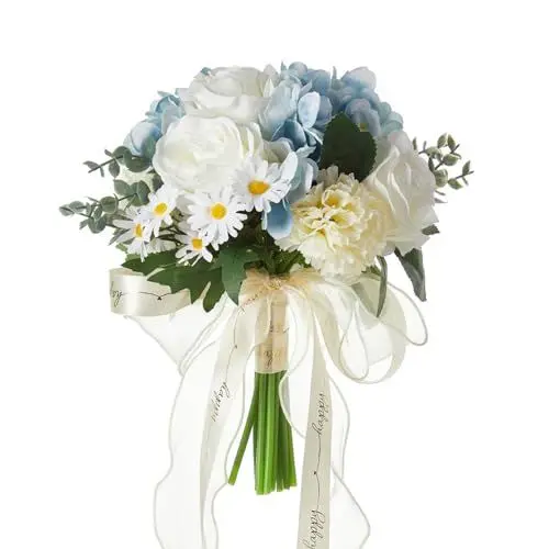 Produktbild: 7,8-Zoll-Brautsträuße aus Elfenbeinfarbenen Rosen mit Blauen Hortensien und Weißen Gänseblümchen, Kleine Hochzeitssträuße aus Künstlichen Seidenblumen mit Eukalyptus und Fliege, für Brautjungfern und