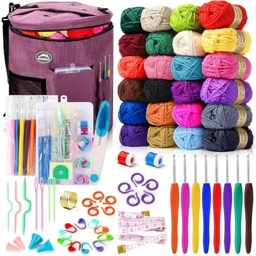 Produktbild: 79-teiliges Häkelset, große Stricktasche von WEEKSUN, Garnaufbewahrungs-Organizer, Strick- und Häkelzubehör, wasserdichte Häkeltasche, Häkelset für Anfänger enthält Garn in 24 Farben, Häkelnadel-Sets
