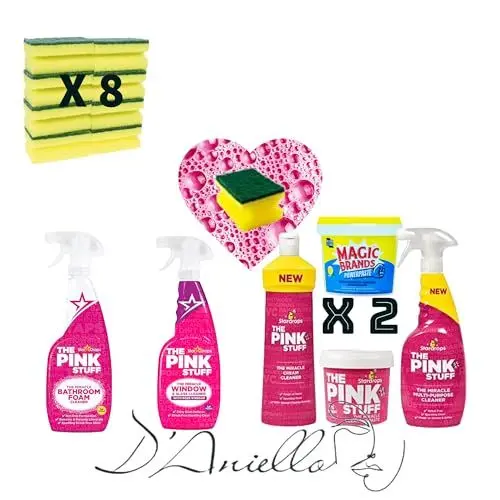Produktbild: 7er Set 2x Reinigung Paste - Pink Stuff Cremereiniger Mehrzweck 500ml - Badezimmer Reinigungsspray 750gr - Badezimmerschaumreiniger750ml - Glasreiniger 750ml - 8x Reinigungsschwamm