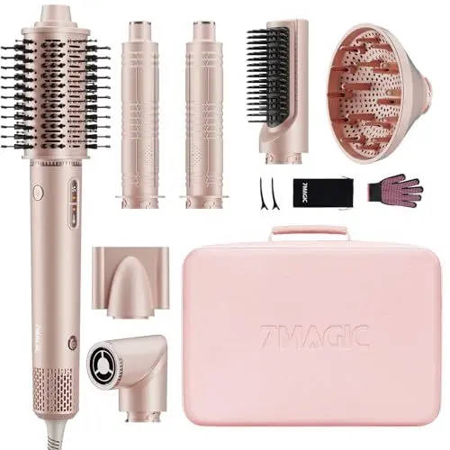 Produktbild: 7MAGIC 7 in 1 Airstyler, Professioneller Hairstyler Set, 110000 U/Min, 1400W, Rundbürstenföhn, Lockenstab Auto-Wrap, Glätteisen, Ionen Föhn, Zum Styling, Volumisieren, Locken und Glätten, mit Reisebox