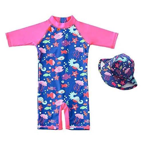 Produktbild: 7-Mi Baby Mädchen Badeanzug EIN stück -Kleidung UV-Schutz 50+ Kinder Schwimmanzug Badeanzug MIT Einem Reißverschluss mit Sonnenhut（80-86CM）