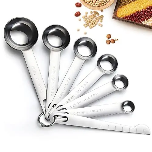 Produktbild: 7PCS Messlöffelsets, 1/8 TSP, 1/4 TSP, 1/2 TSP, 1 TSP, 1/2 TBLS & 1 TBLS, Edelstahl Messlöffel mit Messlinealen zum Abmessen von trockenen flüssigen Zutaten Backen Kochen