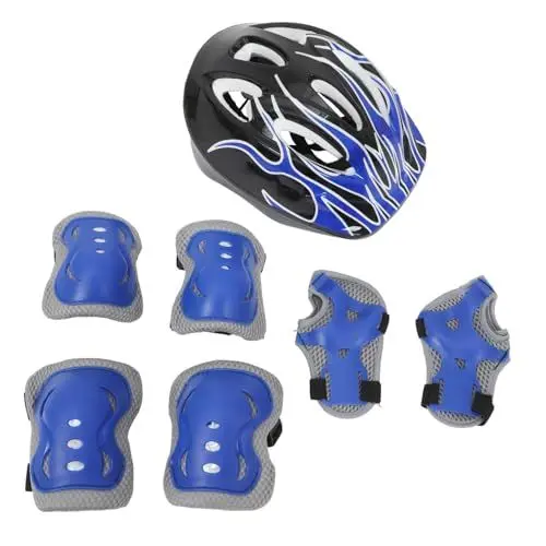 Produktbild: 7-Teiliges Set Skateboard-Anzug Sicherheitshelm Skateboard Schutzset Knieschoner Kinder Skateboard-Helm Helm Skateboard Skateboard-Knieschützer Knieschoner für Kinder STK Blue JECOMPRIS