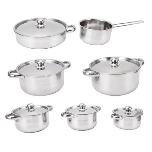 Produktbild: 7-teiliges Edelstahl-Kochgeschirr-Set, Hochtemperaturbeständiger Einhand-Doppelohr-Milchtopf, Bratpfannen und Töpfe mit Deckel für das Kochen in der Küche