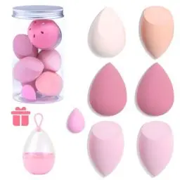 Produktbild: 7-teiliges Make-up-Mixer-Schwamm-Set – weicher Beauty-Schwamm-Mixer mit einer Flasche und Eier-Etui-Halter zum Mischen von Foundation, Creme und Puder (rosa + Hartschalen-Dosenverpackung)