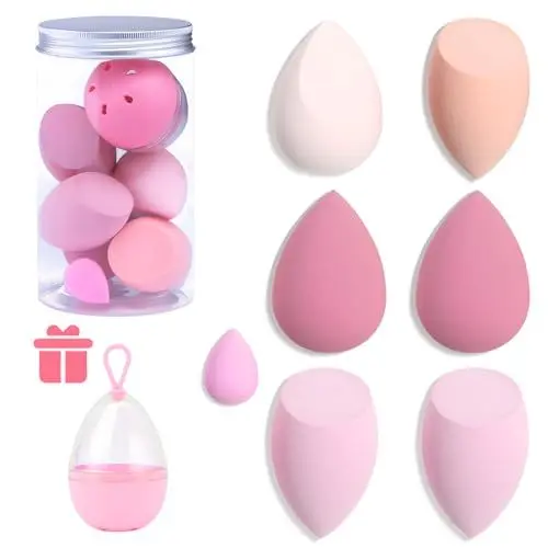 Produktbild: 7-teiliges Make-up-Mixer-Schwamm-Set – weicher Beauty-Schwamm-Mixer mit einer Flasche und Eier-Etui-Halter zum Mischen von Foundation, Creme und Puder (rosa + Hartschalen-Dosenverpackung)