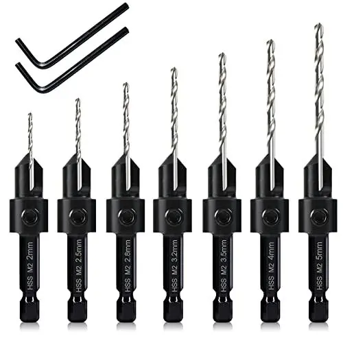 Produktbild: 7-teiliges Senkbohrer-Set, Holzbohrer, Senkbohrer, Senkbohrung, 3-in-1, drei 82-Grad-Fasenschneider, M2-Senkbohrung, Schnitttiefe verstellbar, mit 2 Inbusschlüsseln und 6-mm-Sechskantschaft
