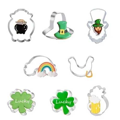 Produktbild: Geterral 8-teiliges St. Patrick's Day Keksausstecher-Set: Kleeblatt, vierblättriges Kleeblatt, Bier, irischer Mann, Regenbogen, Zylinder, Topf voll Gold, Hufeisen aus Edelstahl für Partyzubehör