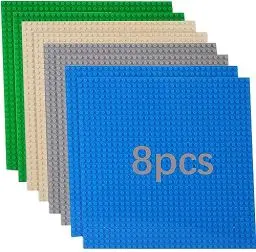 Produktbild: 8 Platten-Set Bauplatte Kompatibel mit Meisten Marken,Classic Bausteine Grundplatte,Kompatibel mit Bauplatte Lego Classic,25.5 * 25.5cm, Grüne Blaue Graue Sand Grundplatte
