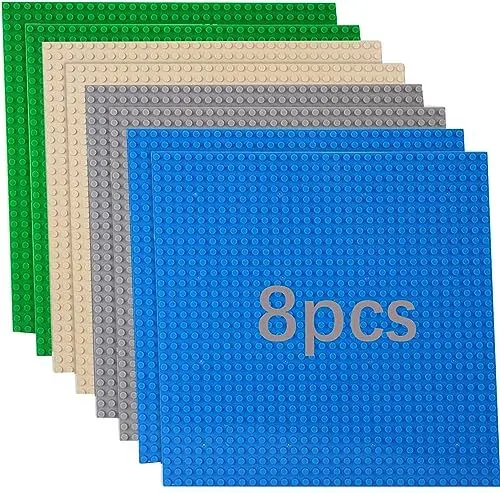Produktbild: 8 Platten-Set Bauplatte Kompatibel mit Meisten Marken,Classic Bausteine Grundplatte,Kompatibel mit Bauplatte Lego Classic,25.5 * 25.5cm, Grüne Blaue Graue Sand Grundplatte