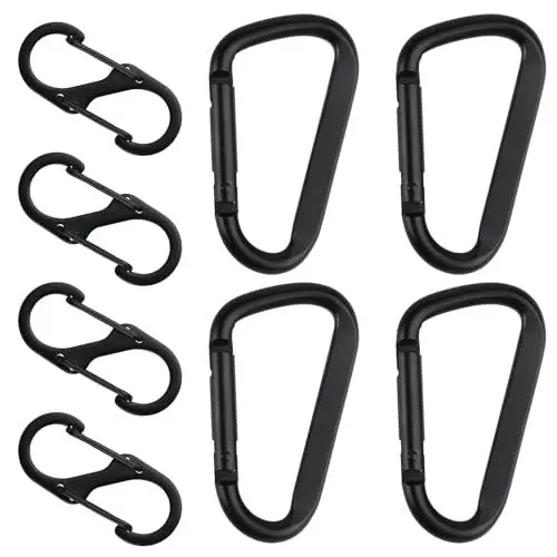 Produktbild: 8 STK Karabinerhaken Set, Inkl 4 STK D-Clips Karabinerhaken & 4 STK S Karabiner Haken Aluminium, Metall Doppelkarabiner, Carabiner Schwarz für Camping Wandern Rucksack