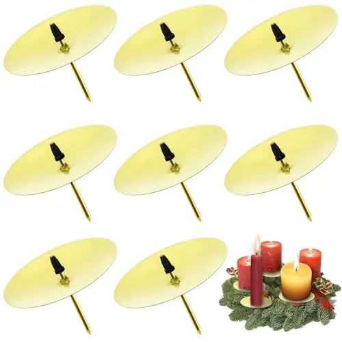 Produktbild: 8 Stück Adventskranz für Kerzenhalter, Ø 6 cm Gold Adventskerzenhalter Metall Kerzenleuchter mit Dorn, für DIY Adventskranz Deko Weihnachten Kerzenteller