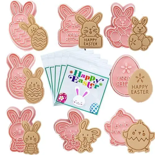 Produktbild: 8 Stück Ausstechförmchen Ostern mit 100 Ostern Süßigkeiten Tüten Kekstüten, Osterhasen Ausstecher, Plätzchen Ausstecher Ostern für DIY Hase Küken Ei Sandwich Schokoladen Zubehör