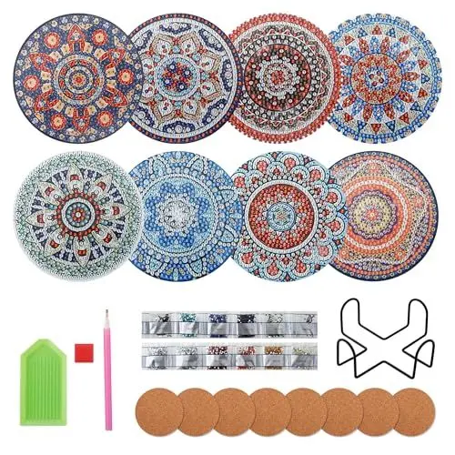 Produktbild: 8 Stück Diamond Painting Untersetzer,Diamond Art Painting Mandala,DIY-Diamant-Untersetzer mit Ständer und Korkunterlage, Geeignet für Anfänger wie Erwachsene und Kinder, Jugendliche