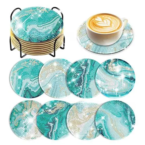 Produktbild: 8 Stück Diamond Painting Untersetzer, Diamant Painting Getränkeuntersetzer mit Halter DIY Coasters Rund Glasuntersetzer Diamant Tassenuntersetzer für Basteln Erwachsene