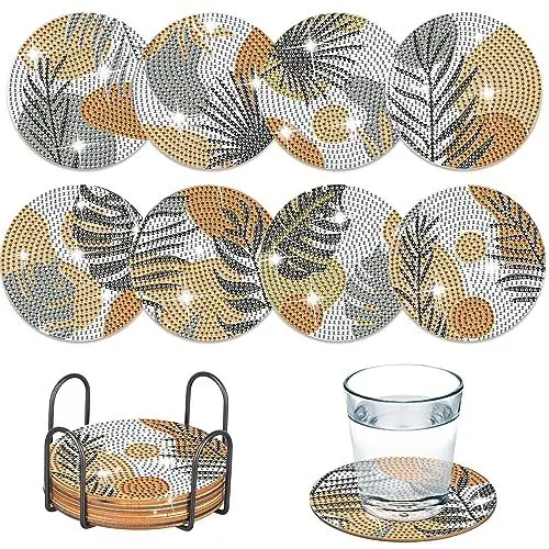 Produktbild: Uennm 8 Stück Diamond Painting Untersetzer mit Halter, DIY Diamond Painting Meereslebewesen Dekorative Hölzern Untersetzer Erwachsene Kinder Anfänger für Tassen Vasen Kerzen Dekoration (Palm Leaf)