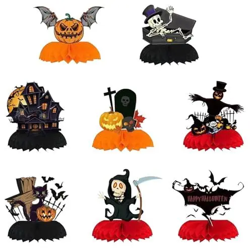 Produktbild: 8 Stück Halloween Tischdeko, Halloween Bienenwabe Mittelstück für Tischdekoration Tabelle Topper Schwarz Orange Partydeko, Kürbis, Fledermäuse, Geister, Schwarze Katze
