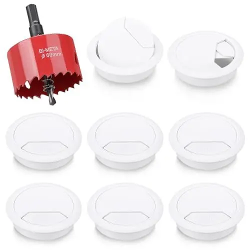 Produktbild: 8 Stück Schreibtisch Kabeldurchführung mit Lochsäge 60mm Kabeldurchlass Kabelauslassdose Kabelauslass Weiß Kabeldurchführung Tisch Rund für Tisch Büro Arbeitsplatten