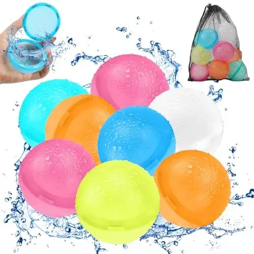 Produktbild: 8 Stück Wasserbomben Wiederverwendbar Selbstschließend, Wasserbomben Magnetisch mit 1 Mesh Bag, Eine Sekunde Schnellfüller Wasserballons Set für Wasserspielzeug Pool Spielzeug Strandspielzeug