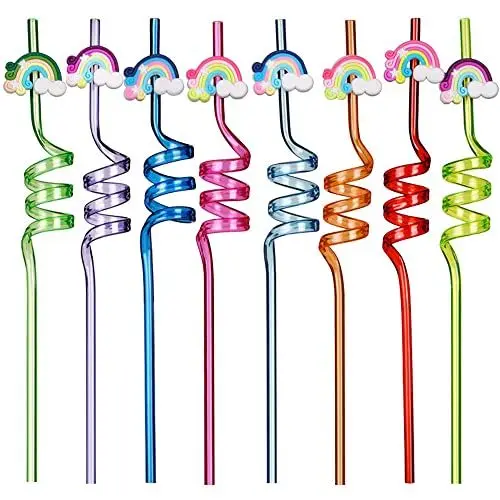 Produktbild: 8 Stück Wiederverwendbare Strohhalme Trinkhalme, Party Spiral Strohhalme, Bunte Strohhalme Kinder, Kunststoff Trinkhalme Lockige, Für Milch, Saft, Cocktails, Kinder Regenbogenwolke Strohhalme