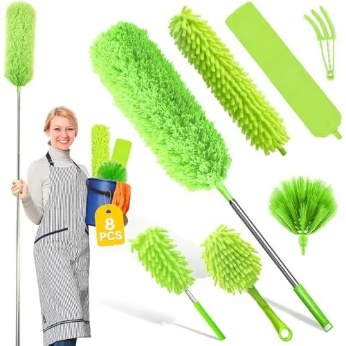 Produktbild: 8 Stücke Staubwedel Teleskop Waschbar, Staubwedel Lang Ausziehbar, Teleskop Staubwedel, Staubwischer Maximale Länge 25-256cm für Hohe Decke Deckenventilator Spinnweben und Kronleuchter, Grün