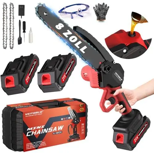Produktbild: 8 Zoll Kettensäge, Akku Kettensäge, Mini Kettensäge mit 2 Akku 21v 2000mAh, Einhand Minikettensäge mit Automatisches Ölsystem, Kleine Handkettensäge Chainsaw Elektrisch für Gartensäge Holzschneidenz