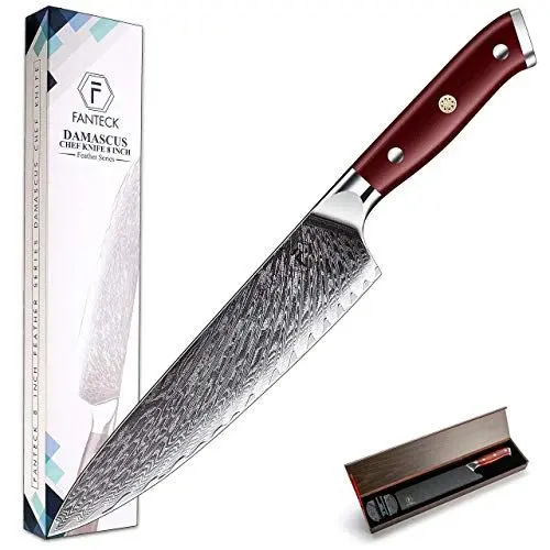 Produktbild: 8 Zoll Scharf Kochmesser FANTECK Damaskus Küchenmesser, Chefmesser aus High Carbon 67 Schichten VG-10 Edelstahl 20cm Scharf Klinge, Japanisches Damastmesser (Geschenkbox)-Rose Holzgriff
