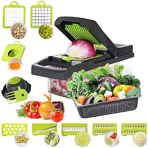 Produktbild: 8 in 1 Multifunktions-Profi-Gemüseschneider mit Edelstahlklinge, Eiersieb, Zwiebelreibe, Karotten, Obst, Kartoffeln