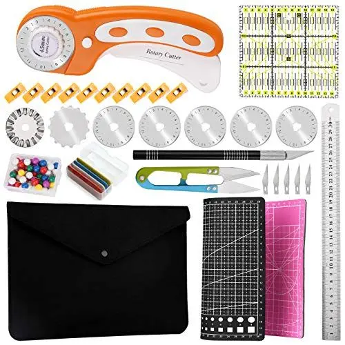 Produktbild: 80 Stücke Roll Schneider Set, Rotary Cutter Set, Rundmesser mit Ersatzklingen, Schneidematte, Nähen Lineal, Bastel Messer, Stecknadeln und Andere Werkzeuge für Stoff Schneiden und Nähen