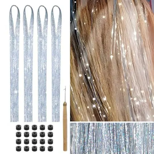 Produktbild: 800 Glitzer Haarsträhnen Lametta für Haare 120 cm Tinsel Hair Extensions Glitter Glitzersträhnen Haarverlängerung Fairy Haarlametta Haarextension Kit (Silber)