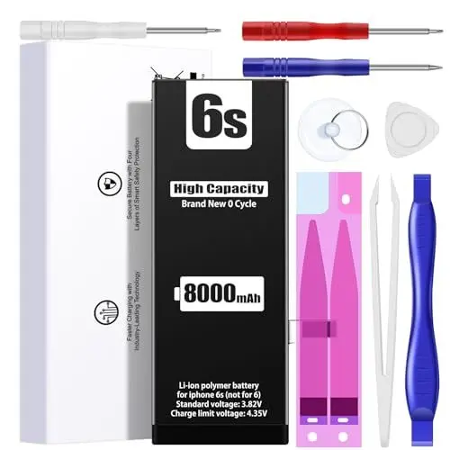 Produktbild: 8000mAh Akku für iPhone 6s, EMNT Neuer 0-Zyklus Höhere Kapazität Li-ion Ersatz Akku für Modell A1633 A1688 A1700 mit Komplett Professionelle Reparaturwerkzeuge und Anweisungen