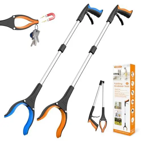 Produktbild: 80cm Greifzange für Senioren im 2er-Pack - Ergonomische Greifzange mit 360° Drehkopf und rutschfester Klaue, Greifer für Senioren