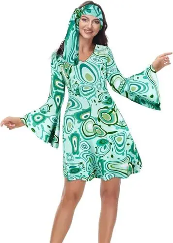 Produktbild: 80er Jahre Outfit Damen Party Kleid Bekleidung Kleidung Hippie Kostüme Disco 70s 70er 90er Halloween Faschingskostüme Karneval Costume Grün M