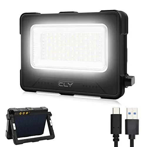 Produktbild: 80W LED Baustrahler Akku Solar Arbeitsleuchte Tragbare, 4 Lichtmodi 12000mAh Akku Arbeitsleuchte USB-Wiederaufladbar 5 Helligkeiten Campinglampe Tragbar im Freien für Notfälle Baustelle Camping Garage