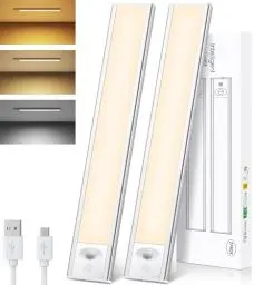Produktbild: 84LED Unterbauleuchte Küche, 2 Stück Schrankbeleuchtung mit Bewegungsmelder, Dimmbar Schranklicht Schrankleuchte Kabellos LED Sensor Licht Nachtlicht USB Aufladbar für Schlafzimmer/Kleiderschrank