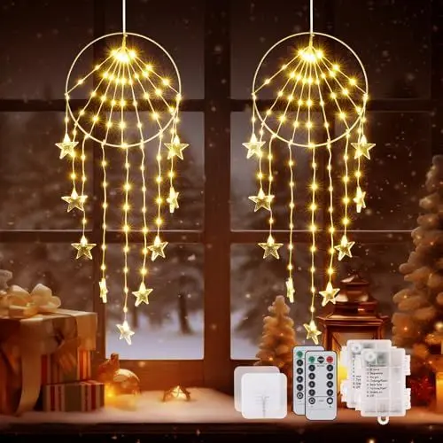 Produktbild: 86 LED Weihnachtsdeko Fenster, 8 Modi Weihnachtsbeleuchtung mit Fernbedienung & Timer, Batterie Fensterbeleuchtung Weihnachten Traumfänger-Stil Lichterkette für Innen Fenster Wand(2 Stück)