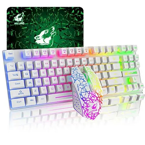 Produktbild: 87 Tasten Drahtlose Tastatur Maus Combo Regenbogen von hinten beleuchtet 2.4G wiederaufladbare mechanische Feel Gaming-Tastatur+2400DPI 6 Tasten Optische Regenbogen-LED-Gaming-Maus+Mauspads (Weiß)