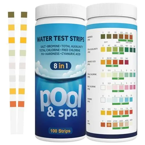 Produktbild: 8IN1 Pool Teststreifen, 100 Stück Wasserchemie Teststreifen für Pool,Spa und Whirlpool,Genauer Pool Tester für Salz, Härte, Gesamtalkalität,Cyanursäure, Gesamtchlor, freies Chlor, Bro (8IN1 V)