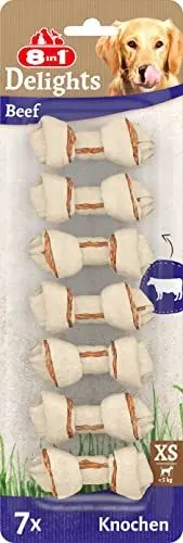 Produktbild: 8in1 Delights Beef Knochen XS - gesunde Kauknochen für sensible mini Hunde, hochwertiges Rindfleisch eingewickelt in Rinderhaut, 7 Stück