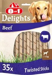 Produktbild: 8in1 Delights Beef Twisted Sticks - gesunde Kaustangen für sensible Hunde, hochwertiges Rindfleisch eingewickelt in Rinderhaut, 35 Stück