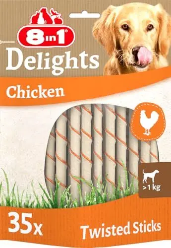 Produktbild: 8in1 Delights Chicken Twisted Sticks - gesunde Kaustangen für Hunde, hochwertiges Hähnchenfleisch eingewickelt in Rinderhaut, 35 Stück