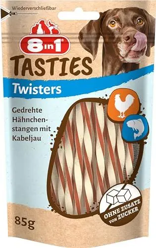 Produktbild: 8in1 Tasties Twisters Snack-Stangen - glutenfreie Leckerlis mit Kabeljau & Hähnchenbrust, 85 g